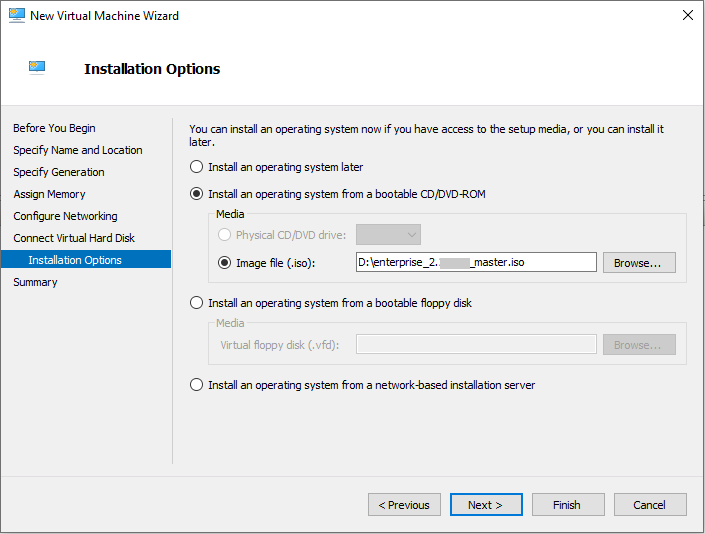 Example of Installation Options page with "Install an operating system from a bootable image file" selected.