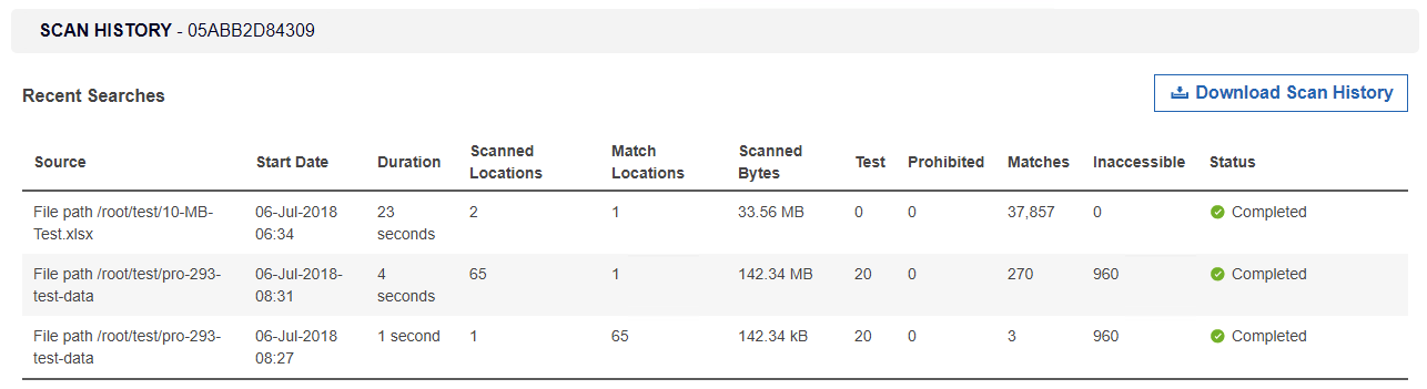 Scan History page displaying recent searches and status of scanned locations for a Target.