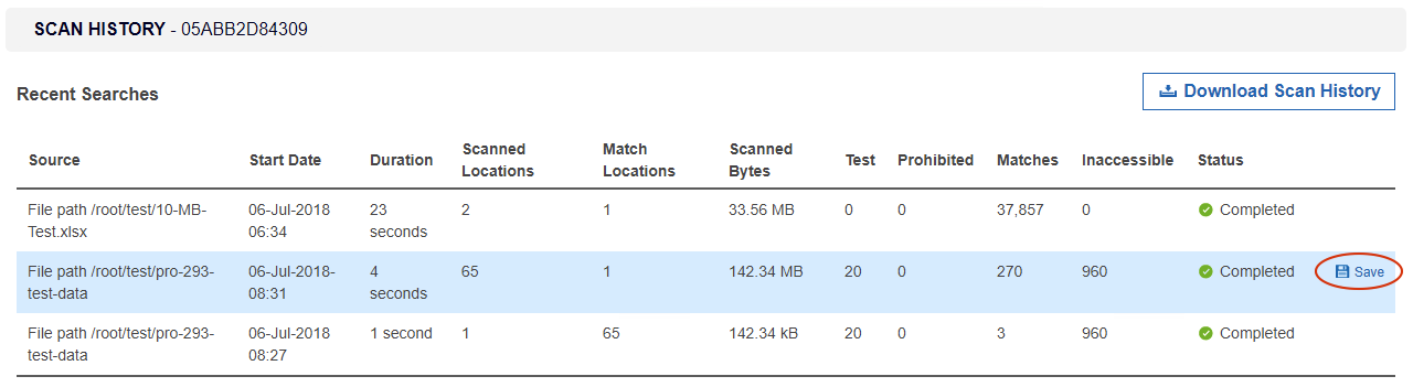 Save button to download a report for a single scan from the Scan History page.