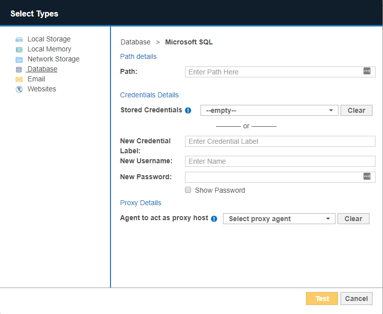 Dialog box to configure the path, credentials and proxy agent for a Microsoft SQL database Target.